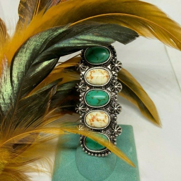 Green Turquoise White Buffalo Silver Ring adjstbl - Picture 3 of 9